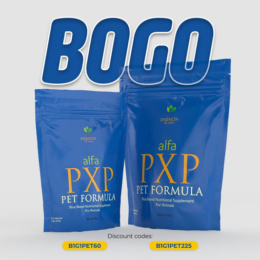 Two blue packages of alfa PXP PET FORMULA with 'BOGO' text on a light gray background.